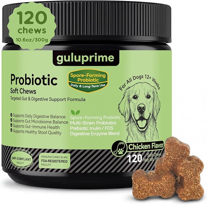 Probiotic Soft Chews for Dogs – Daily Gut & Digestive Support, Spore-Forming Probiotic with Multi-Strain Lactobacillus, Prebiotic Inulin/FOS, Chicken Flavor, 120 Chews