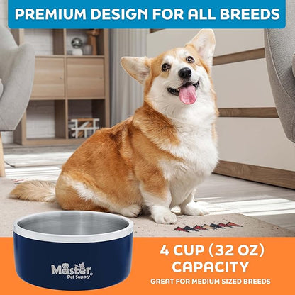 Master Pet Supply Stainless Steel Dog Bowls - 32 oz, Heavy Duty - Navy Blue, Double Wall Extra-Thick Insulated, Non-Slip Pet Water Bowl for Dogs, Cats & Pets, Anti Rust Metal, Dish Washer Safe