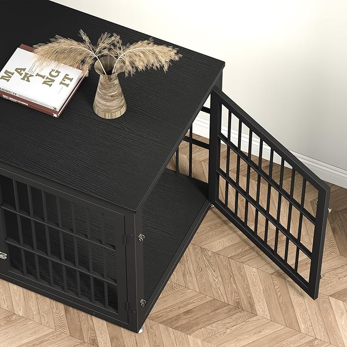 rehomerance 48 Inch Heavy Duty Dog Crate Furniture for Large Dogs, Decorative Pet House End Table, Extra Large Wooden Cage Kennel Furniture Indoor, Black