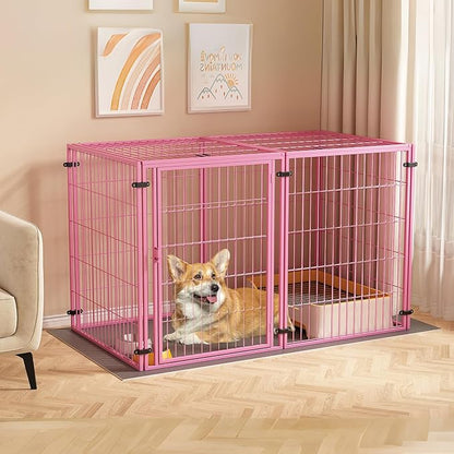 XPIY Large Dog Crate – 57 Inch Metal Kennel for Medium and Small Dogs, Safe Indoor & Outdoor XL Big Puppy Bottomless Cage with Comfort Mat, Pet Playpen Yard, Dog Fence Playpen (Pink)