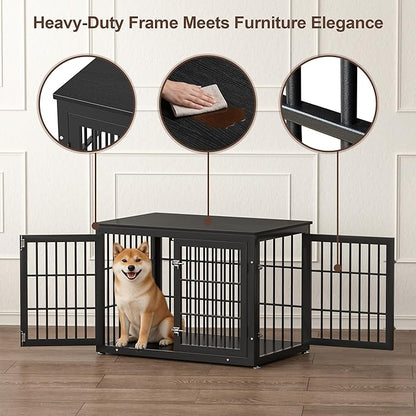 rehomerance 38 Inch Heavy Duty Dog Crate Furniture for Large and Medium Dogs, Decorative Pet House End Table, Wooden Cage Kennel Furniture Indoor, Black