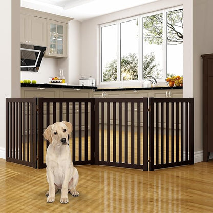 WELLAND 24" Freestanding Pet Gate, Foldable Wooden Dog Gate, 4 Panel Step Over Fence, Indoor Puppy Gate, Expands Up to 80" Wide, Espresso