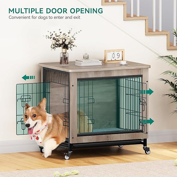 YITAHOME Dog Crate Furniture with Cushion, Dog Kennel Indoor with Wheels, Dogs Crate End Table with Tray, 27" Cage with Double Doors for Small Dogs (Gray)