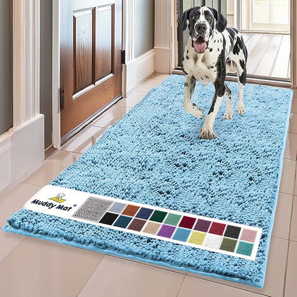 Muddy Mat® | Super Absorbent Door Mat Indoor, Microfiber Quick Dry Chenille Entryway Rug, Non-Slip Front Door Mat, Indoor Mats for Entryway, Machine Washable Pet Rug, Sky Blue 24" x 96"
