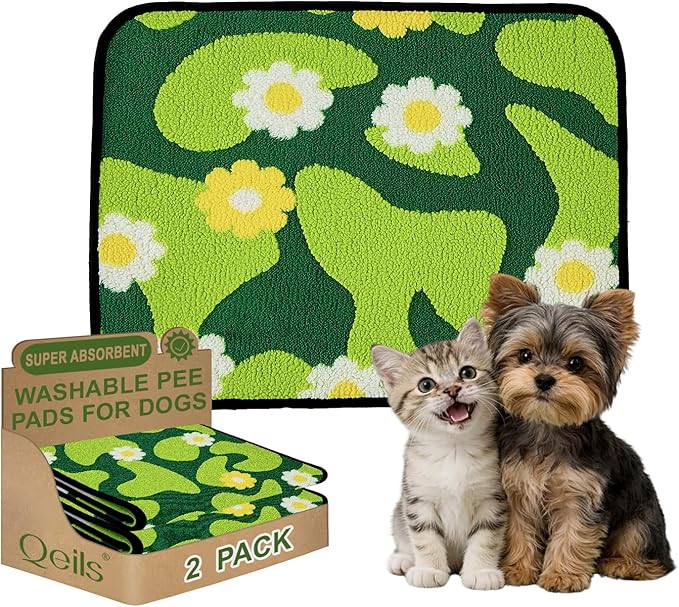 Qeils Reusable Puppy Pads for Small Dogs, Washable Pee Pads with Non-Slip , Absorbent Leakproof Mat for Crates, Playpens, Pet Beds & Whelping, Indoor Potty Training Grass Green, 18"x24", 2 Pack