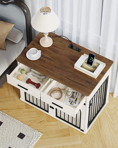 Hzuaneri 39.4'' Large Dog Crate Furniture with 2 Storage Drawers, Heavy Duty Dog Kennel Indoor with Charging Station, Wooden Dog Cage End Table Kennel for Medium/Large Dogs, White Brown DFC84214B