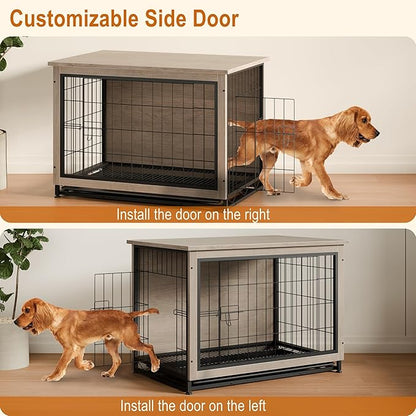 Vongrasig Dog Crate Furniture, Side End Table, Modern Wooden Kennel for Dogs Indoor, Heavy-Duty Dog Cage with Multi-Purpose Removable Tray, Double-Door Dog House, Grey