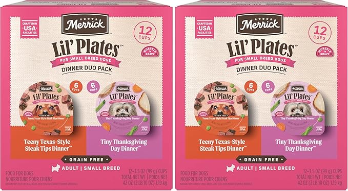 Merrick Lil’ Plates Grain Free Dinner Duos Soft Natural Wet Small Dog Food Variety Pack,Beef and Turkey - 2.6 lb. Tubs,(Pack of 24)