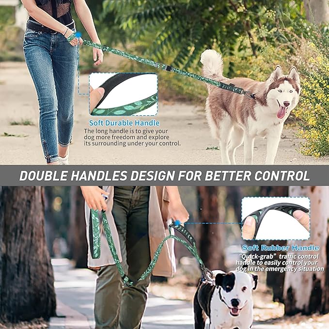 Hotsky Tactical Dog Leash Heavy Duty for Medium Large Dogs that Pull,4-6Ft Strong Bungee Shock Absorbing No Pull Dog Leash with Padded Double Handle and Car Seatbelt,Leaves