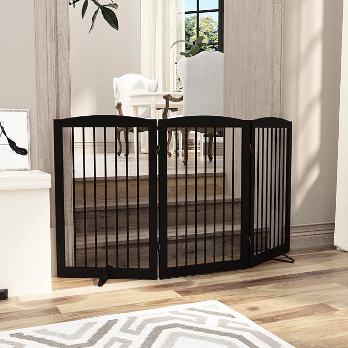 PUPETPO Freestanding Pet Gate for Dogs, Foldable Wooden Dog Gate for House Indoor, Tall Pet Fence for Stair, Doorway,Hall, Support Feet Included, 3 Panels 32",Brown
