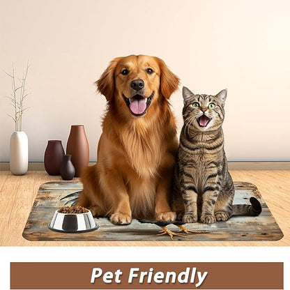 Rooster Dog Food Mat for Floors,Vintage Wood Panel Absorbent Quick-Dry Pet Feeding Mat,Cat Dog Bowl Mats for Food and Water,Non-Slip Pet Accessories Supplies 12"x20"