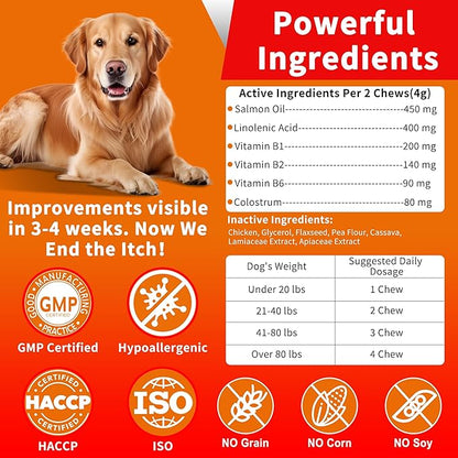 Dog Allergy & Itch Relief Chews - Salmon Oil Omega-3, Omega-6, Vitamin B1/B2/B6, Colostrum Probiotics Supplement for Seasonal Allergy, Hot Spots, Paw Licking, Scratching, 200 Soft Chews