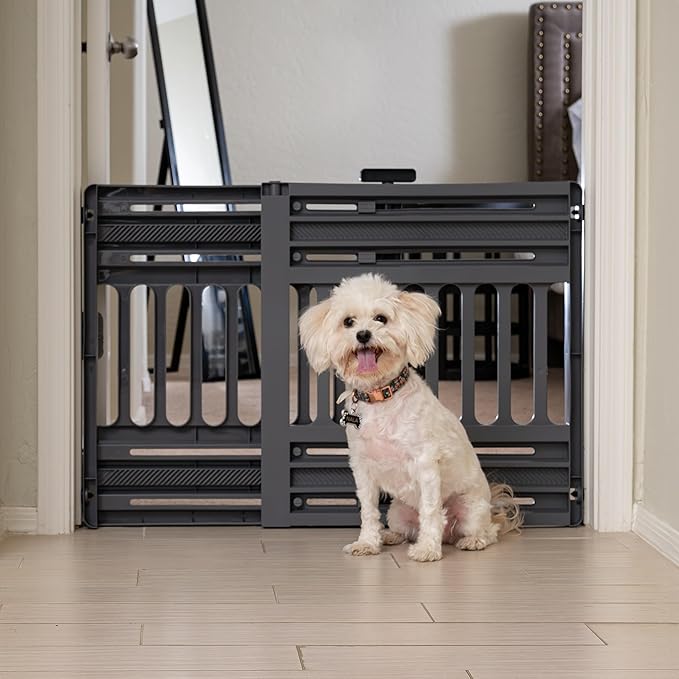 IRIS USA 25"-39" Dog Gate, Adjustable Indoor Pet Barrier, Pet Gate for Puppy, Small Dog, Cat, Easy Twist-to-Lock for Doorways & Stairs, Portable, Expandable, 25" Tall, Gray