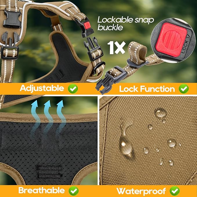 Timos Dog Harness Small Sized, No Pull Pet Harness with Neck Lockable Snap,No Choke Front Clip Dog Reflective Vest,Adjustable Metal Rings 3 Buckles,Easy Control Handle for Small Dogs Khaki S