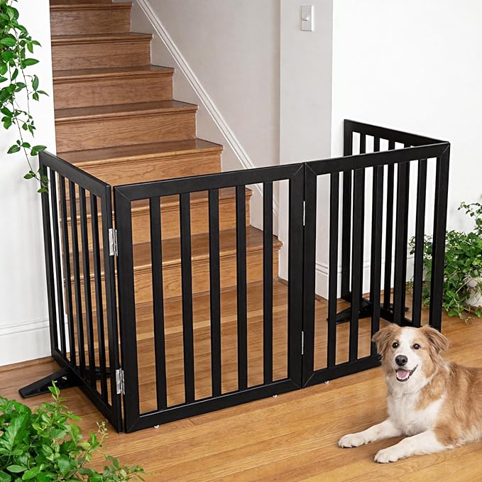 ZJSF Freestanding Indoor Dog Gate for House Foldable Wood Puppy Gate for Doorways Pet Gate for Stairs Extra Wide Pet Fence, Black, 24" Height 6 Panels