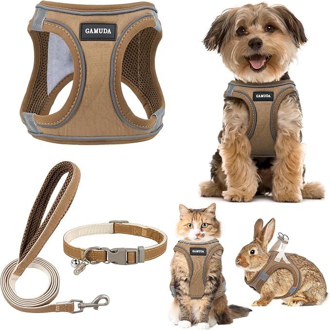 GAMUDA Small Pet Harness Collar and Leash Set, Step in No Chock No Pull Linen Fabric Soft Mesh Dog Vest Harnesses Reflective for Dogs Puppy Cats Kitten Rabbit (Brown, XL)