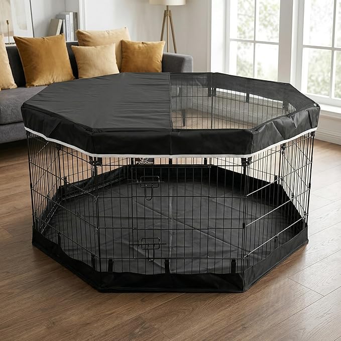 PJYuCien Dog Playpen with Top Cover and Bottom Pad - Metal Foldable Exercise Pen, 8 Panels 30" H x 24" W Indoor Outdoor Pet Fence Puppy Crate Kennel, Black
