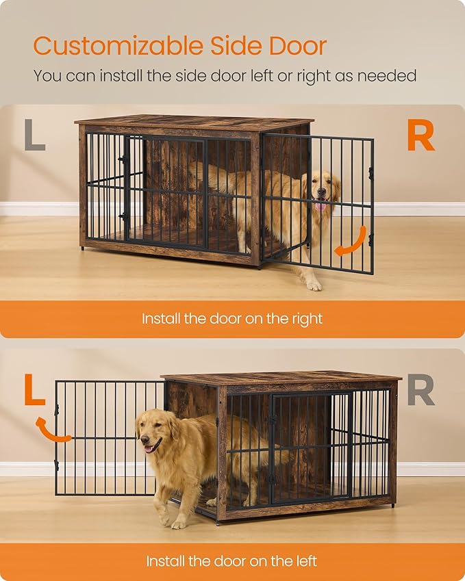 Feandrea Wooden Dog Crate Furniture, 48 Inches Heavy-Duty Kennel for Dogs up to 110 lb, with Double Doors and Enclosed Wood Base, Modern Pet Cage End Table Indoor, Rustic Brown
