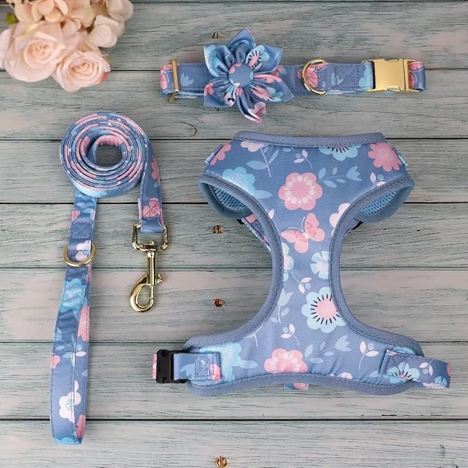 Beirui Cute Girl Dog Collars, Harnesses & Leashes Set - Adjustable Dog Collar and Leash Set with Flower - Soft Mesh Dog Vest Harness for Puppies Small Medium Dogs (Purple,M)
