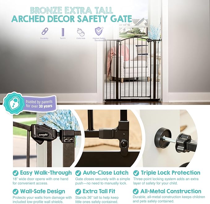 Regalo 36" Extra Tall Home Accent Arch Baby Gate for Doorways & Bottom of Stairs, Pressure Mount for Babies, Toddlers & Pets, Ages 6-24 Months, Tested & Safe, White