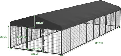Petony 354" x 118" Large Outdoor Dog Enclosure,Heavy Duty Dog Cage with Roof,Galvanized Steel Dog Kennel Fence with Double Safety Locks