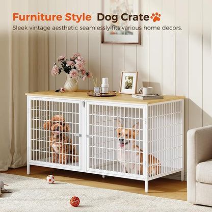 MAHANCRIS Dog Crate Furniture for 2 Dogs, 43.3" Dog Kennel with Removable Divider, Heavy Sturdy Dog Furniture Style Double Cage for Small Medium Dogs, Indoor Pet House End Table, Natural and White