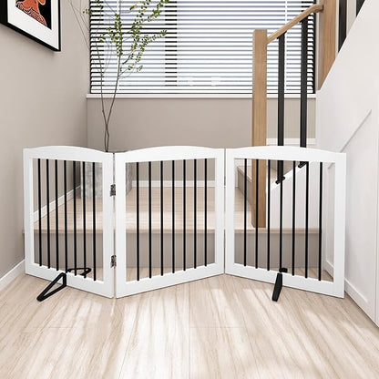PUPETPO Freestanding Wooden Pet Gate for House, Foldable Indoor Dog Gate for Doorways, Stairs - 24" Height, 3 Panels, White