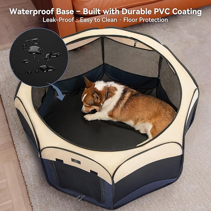 Dog Playpen for Small Dogs & Puppies, 50.39" Portable Indoor Outdoor Puppy Playpen with Bowl, Waterproof Floor, Foldable Pop-Up Pet Pen for Home, Travel & Daily Use, Blue+Beige