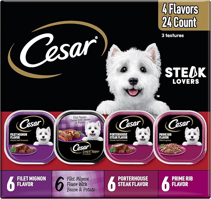 Cesar Wet Dog Food Steak Lovers Variety Pack, Adult, Wet Food for Dogs with Real Meat, 3.5 oz Easy Peel Trays, 24 Count