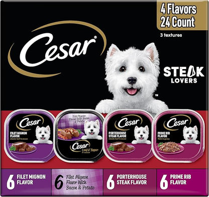 Cesar Wet Dog Food Steak Lovers Variety Pack, Adult, Wet Food for Dogs with Real Meat, 3.5 oz Easy Peel Trays, 24 Count