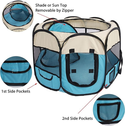 Pet Cat Playpen for Indoor Cats,Puppy Small Dog Cat Tent Crates Cage,Portable Pet Dog Playpen,29x29x16,Blue/Beige,1Pack