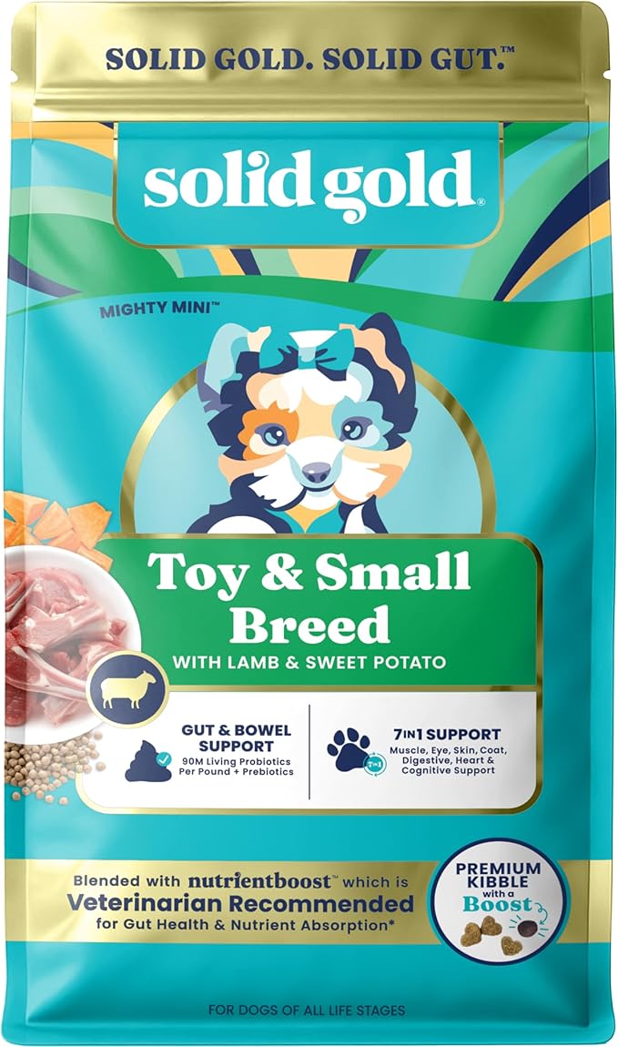Solid Gold Toy & Small Breed Dry Dog Food Small Bites – Real Lamb, Grain Free, Gluten Free, High Fiber Healthy Kibble w/Probiotics for Gut Health & Digestion Support– All Ages NutrientBoost™ –11LB