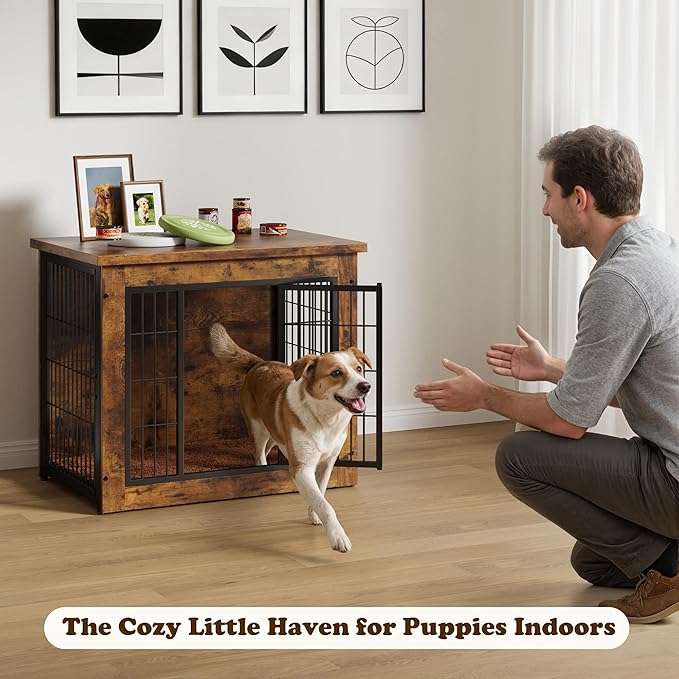 Dog Crate Furniture with Thick Cushion, Side End Table Wooden Dog Cage with Double Doors, Chew-Resistant Dog Kennel Dog House Indoor for Small to Large Dog