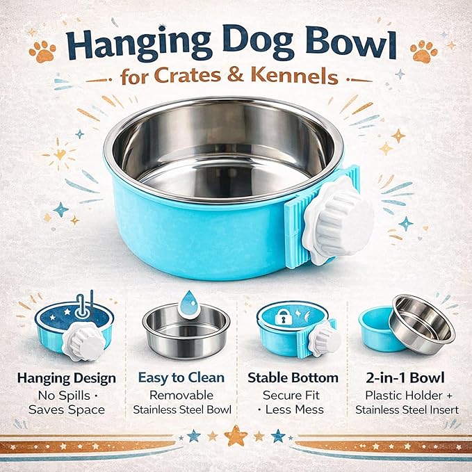 HERCOCCI 2 Pack Dog Crate Bowls, Hanging Removable Stainless Steel Food and Water Bowls for Puppies, Small Dogs, Cats, Rabbits & Ferrets (Blue, Green)