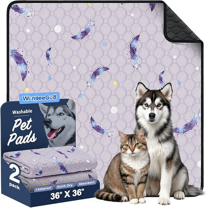 WanpeeGoo Washable Pee Pads for Dogs, 2Pack Reusable Puppy Pads, Super Absorbent & Leakproof Dog Pads, Anti-Slip Dog Pee Pads for Puppy Training & Incontinence, Feather Pattern 36"x36"