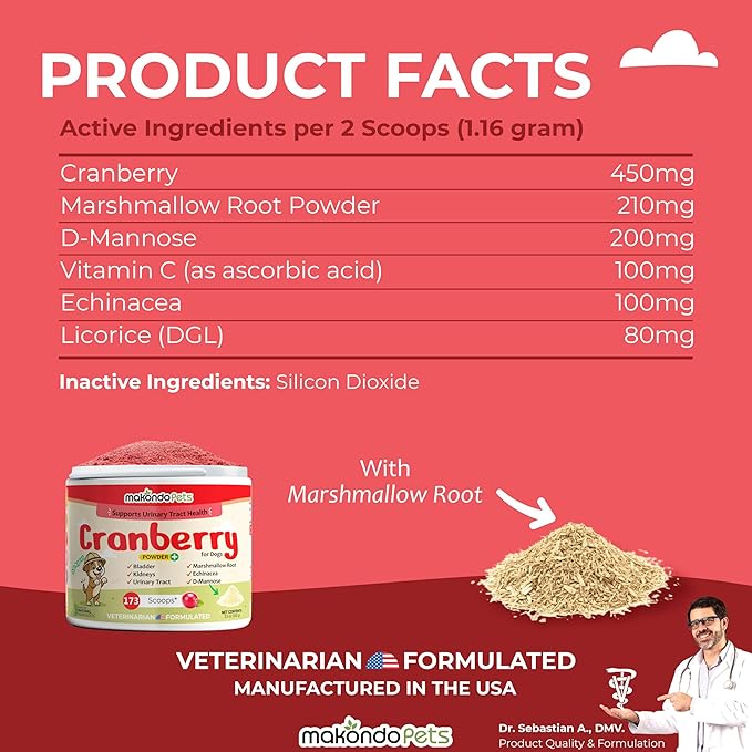 Cranberry for Dogs in Powder - Urinary Tract Health, Dog UTI, Bladder Support, Bladder Stones, Incontinence Support, Cranberry Supplement - Bacon Flavor (2-Pack, 200 Grams)