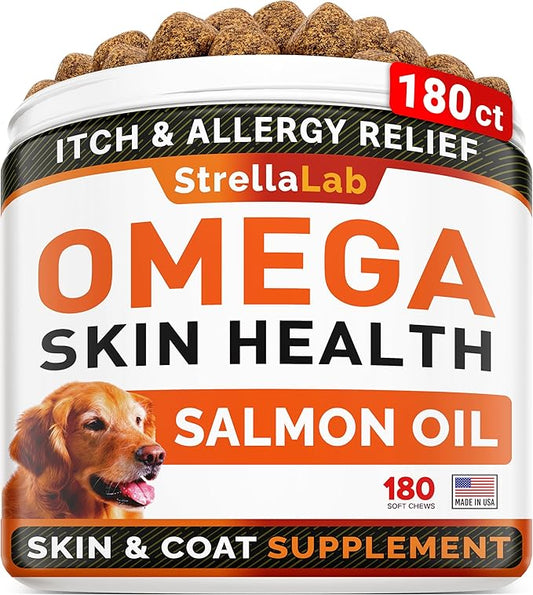 StrellaLab Omega 3 for Dogs - (180Ct) Fish Oil Treats - Allergy & Itch Relief Skin & Coat Supplement - Dry Itchy Skin, Anti Shedding & Hot Spots Treatment - Pet Salmon Oil Chews - Smoked Salmon Flavor