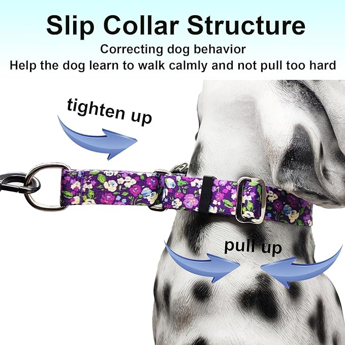 Martingale Collar for Dogs with Buckle Adjustable Nylon Slip No Pull Training Dog Collars (Purple Floral, Small)