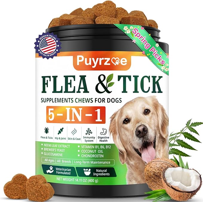 Puyrzoe 5-in-1 Dog Flea and Tick Treatment Chewable, Natural Flea and Tick Prevention for Dogs Chewable - Flea & Tick | Hip & Joint | Skin & Coat | Immunity Support | Digestive for All Breeds & Sizes