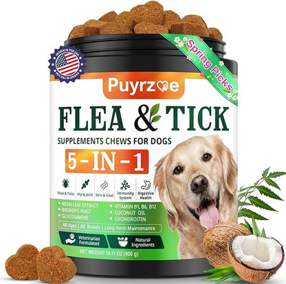 Puyrzoe 5-in-1 Dog Flea and Tick Treatment Chewable, Natural Flea and Tick Prevention for Dogs Chewable - Flea & Tick | Hip & Joint | Skin & Coat | Immunity Support | Digestive for All Breeds & Sizes