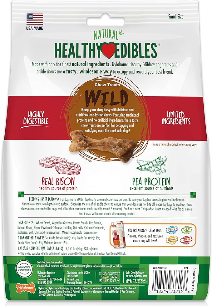 Nylabone Healthy Edibles Wild Natural Dog Chew Treats, Bison Flavor, Small Dogs Up to 20 lbs - Made in USA (16 Count) (Pack of 2)