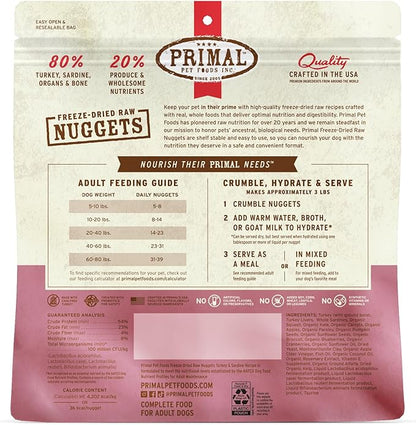 Primal Freeze Dried Raw Dog Food Nuggets, Turkey & Sardine, Complete & Balanced Meal, Also Use as Topper or Treat, Premium, Healthy, Grain Free, High Protein Raw Dog Food, 14 oz (Pack of 2)