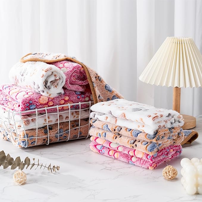 1 Pack 3 Blankets Super Soft Fluffy Premium Fleece Pet Blanket Flannel Paw Printed Throw for Dog Puppy Cat (Medium 30x20'', Pink, Yellow, Blue)