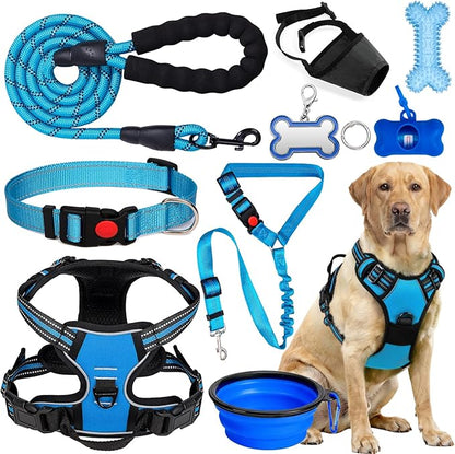 No Pull Dog Harness Adjustable Collar & Leash Set - Dog Halter Harnesses Collapsible Bowls & Poop Bag Dispenser Muzzle ID Tags Toys Fits Small Medium Large Dogs (Blue-L)