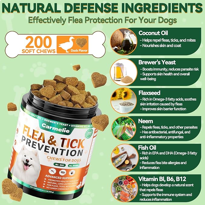 Carmelie Flea and Tick Prevention for Dogs - 200 Soft Chewables Natural Dog Flea and Tick Support - Oral Flea Supplement for All Breeds & Size Dogs, Puppy Flea Protection - Duck Flavor