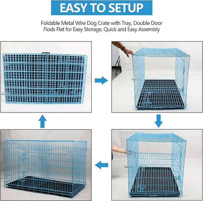 Dog Crate, 24/30/36/42/48 Inch Dog Crates for Small Medium Large Dogs Indoor, Folding Metal Dog Kennel Dog Cage with Double-Door, Divider Panel, Removable Tray, Locks and Handle, (42 Inch, Blue)