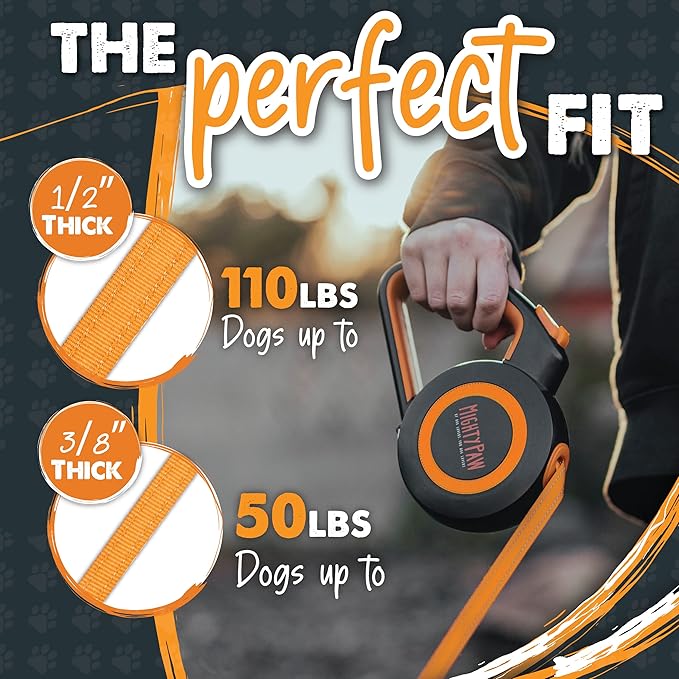 Mighty Paw Retractable Dog Leash 2.0 | 16' Heavy Duty Reflective Nylon Tape Lead for Pets up to 0-50 lbs. Tangle Free Design W/One Touch Quick-Lock Braking System & Anti-Slip Handle (Orange/Lite)