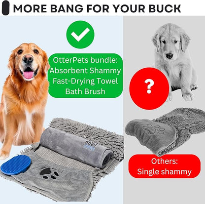 OtterPets 3 Piece Set: 2 Dog Towels and Dog Bath Brush. Dog Shammy and Microfiber Dog Towel. Super Absorbent Towels, Dog Bath Supplies, Dog Scrubber for Bath