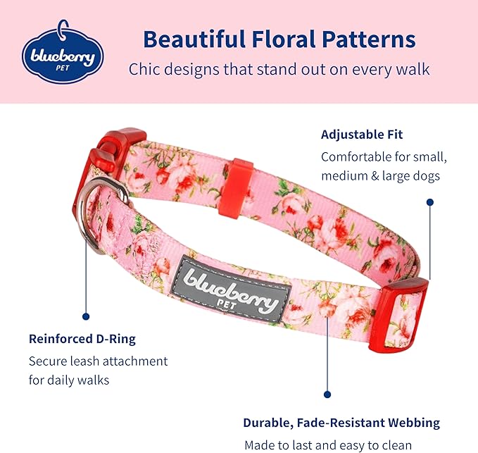 Blueberry Pet Adjustable Large Dog Collars for Medium Dogs, Small Dogs, Puppy Collar, Flower for Dog Collar Female, Pink Dog Collar Girl Flower, 18-26 Inch