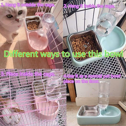 Cage Dual Bowl, Crate Hanging Double Dog Cat Bowls, Pet Water and Food Bowl Set with Automatic Water Dispenser Bottle Detachable Stainless Steel Bowl Cage Dish Holder for Bird Rabbit Dog Cat, Blue
